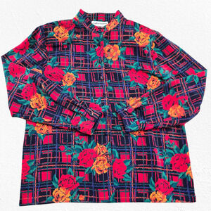 Vintage 80s Cathy Daniels Floral Plaid Blouse Size 14 Polyester USA Long Sleeve